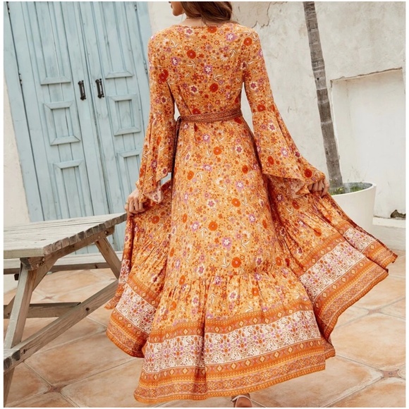 Boho Orange Floral Print Wrap Maxi Dress - Picture 3 of 5